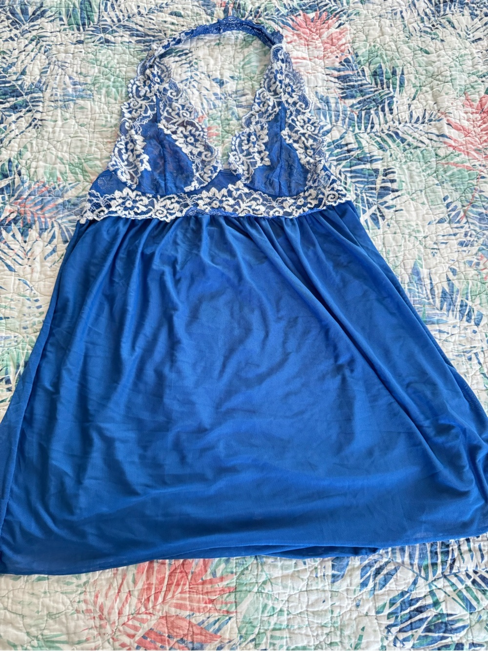 Blue & Ivory Floral Lace Halter Babydoll Lingerie Nightgown